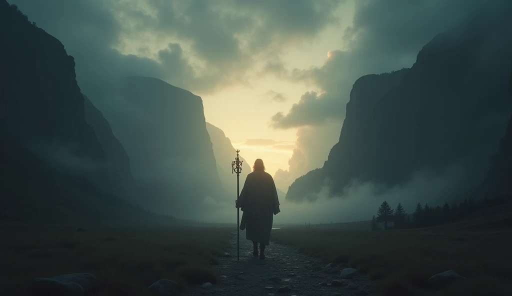 
Create a realistic cinematic scene that portrays the passage "Even though I walk through the valley of the shadow of death, I would fear no harm, Because youre with me.; Your rod and your staff comfort me." The image should show a vast and shadowy valley,...