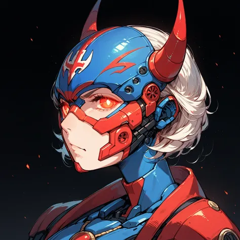 Anime Style,Mechanical Hannya Mask,A woman wearing a Hannya mask,Glowing Eyes、Iron Man Mask,Mask covering the mouth,Protruding horns in the front