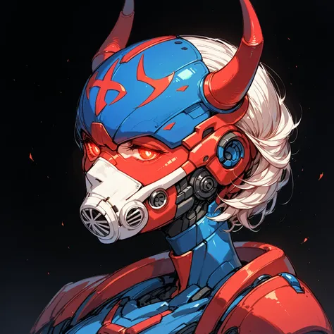 Anime Style,Mechanical Hannya Mask,A woman wearing a Hannya mask,Glowing Eyes、Iron Man Mask,Mask covering the mouth,Protruding horns in the front