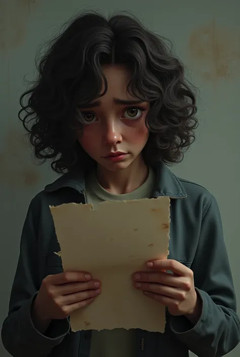 (photorealism:1.2), a  with a curly hair, standing, holding a piece of paper while crying