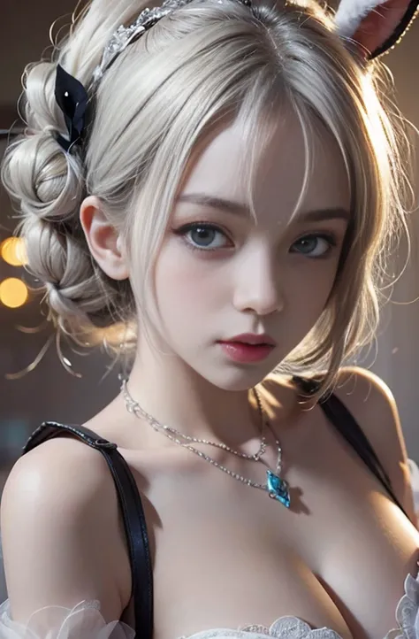 28 years old, Close-up portrait of a woman in a colorful clown costume、Shoulder out、thin、Serious expression、Short-haired、Deadly position, Gorgeous Necklace, Light milky porcelain skin, Smooth, Translucent white skin, Enchanting anime girl, Beautiful and se...