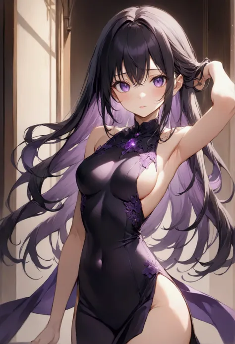 Anime girl with long straight black hair with dark purple highlights ,purple eyes,perfect body,sleeveless one-piece dress, detailed body, detailed eyes, masterpiece, best quality, aesthetic, standard pose