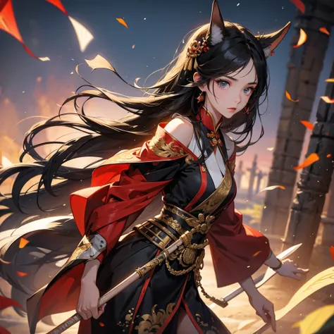 A beautiful woman with long black hair, wearing a hairpin, wearing an ancient Chinese generals outfit, holding a long spear, on the battlefield, close up.