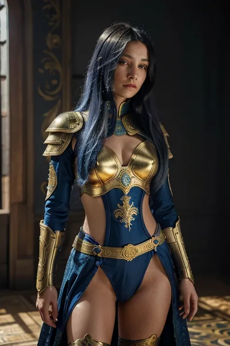 A young female warrior with long, flowing blue hair stands confidently, wearing intricately detailed golden armor with ornate engravings. Her armor shines with metallic gold and dark blue hues, giving a regal and mystical appearance. She has a calm, determ...