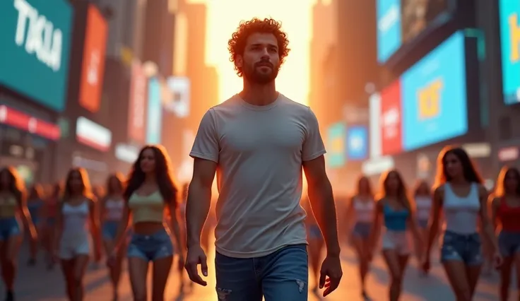 Create an image of a handsome man walking confidently on a busy street in Times Square, USA. He has curly hair and is dressed casually in jeans and a t-shirt. The scene takes place outdoors during an orange-hued sunset, with the soft lighting casting a war...