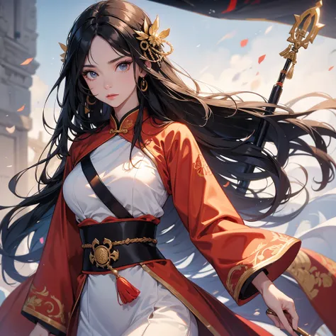 A beautiful woman with long black hair, wearing a hairpin, wearing an ancient Chinese generals outfit, holding a long spear, on the battlefield, close up.