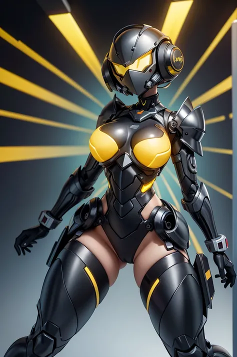 (masterpiece), (best quality), (high res) Solo, (perfect anatomy) Dronificated unknown woman , (enclosed gray full body armor) (yellow lights) (yellow glowing core in the chest), (enclosed cyber helmet), (yellow screen), huge breast, narrow waist, wide hip...