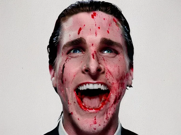 t-shirt designer, stylized modern vector art, (white background), design, man with blood on his face and tie, patrick bateman), ...