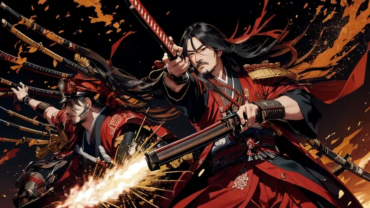 Oda Nobunaga dressed in traditional samurai armor, holding a matchlock rifle, symbolizing his use of firearms in battle. He is in a battlefield setting, with other samurai soldiers behind him, also wielding rifles, engaging in a fierce battle.