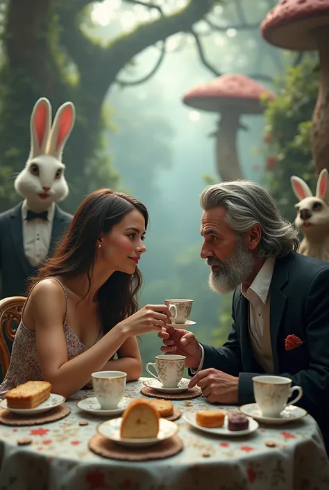 Brown-haired Alicia with a handsome, masculine gray-haired guy having tea with all the characters from Wonderland.