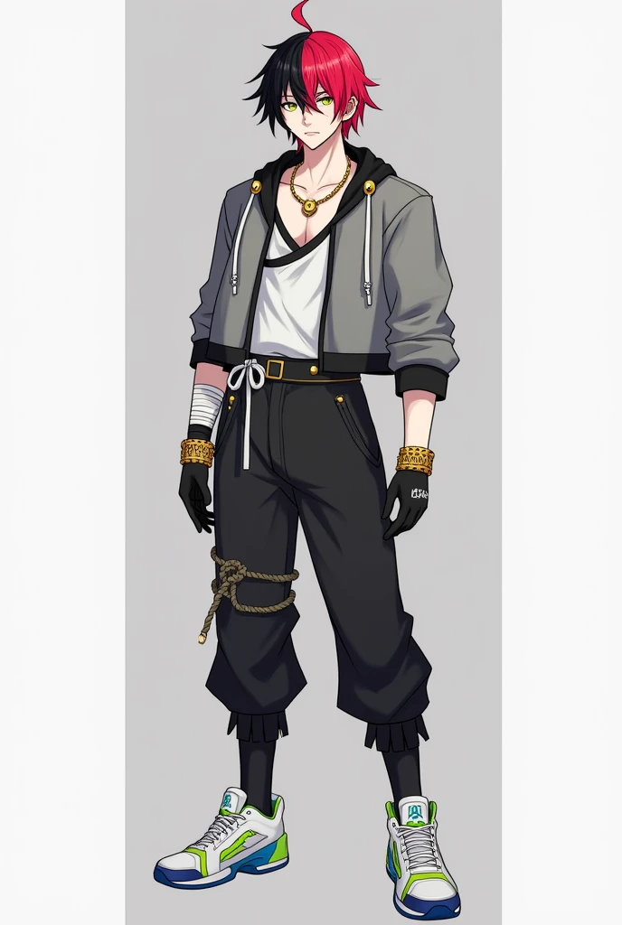 Make an anime male character had black hair on the left side while red hair on the right side, pale skin, black eye on left side while gold yellow eye on right side, medium gray half jacket, white and black shirt, gold necklace, black gloves with gold brac...