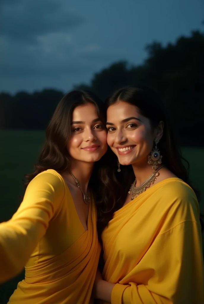 Kriti sanon and kiara advani in yellow saree, selfie, night, without light, no shining, cloud, noises