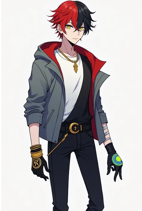 Make an anime male character had black hair on the left side while red hair on the right side, pale skin, black eye on left side while gold yellow eye on right side, medium gray half jacket, white and black shirt, gold necklace, black gloves with gold brac...