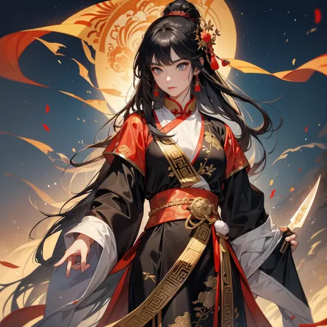 A beautiful female general holding a spear with long black hair in ancient Chinese clothing and a handsome male general holding a big sword in ancient Chinese clothing on an ancient Chinese battlefield.