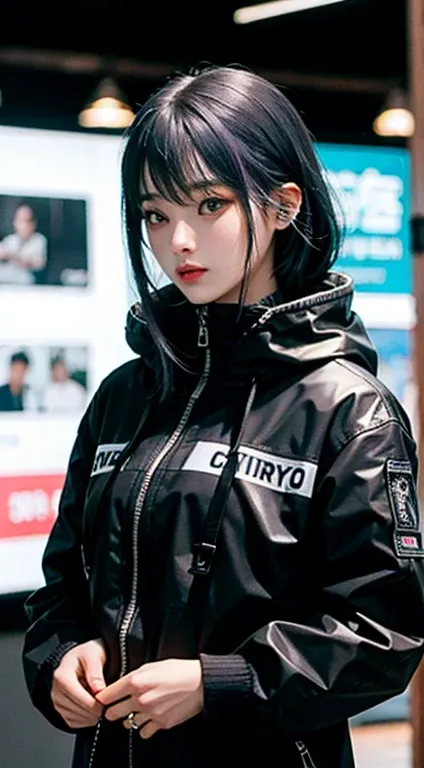 ((Highest quality)), ((masterpiece)), (Very detailed:1.3), 3d, beautiful (cyber punk:1.3) Hacker woman with dyed hair, Wearing black clothes and looking at the camera