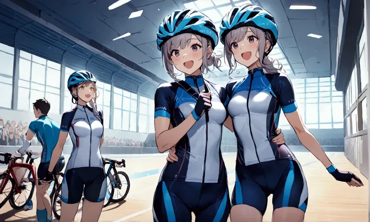 Female cyclist　Celebrating after scoring a goal　cute　Wearing a helmet　Medium chest　Cycling venue　3 people are standing side by side　Indoor stadium