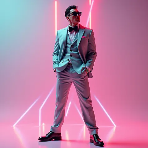 A man, in a dynamic pose wearing an expensive and fashionable suit, designed by gucci::3, tumblr, inspired by Yanjun Cheng style, Digital art, internet boy lofi meme, trend in this, catalog photo, 3D rendering beep, Rhads y Lois Van Baarle, cartoon style i...