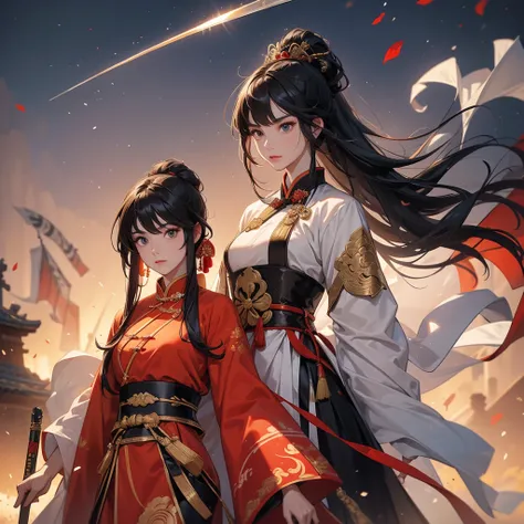 A beautiful female general holding a spear with long black hair in ancient Chinese clothing and a handsome male general holding a big sword in ancient Chinese clothing on an ancient Chinese battlefield.