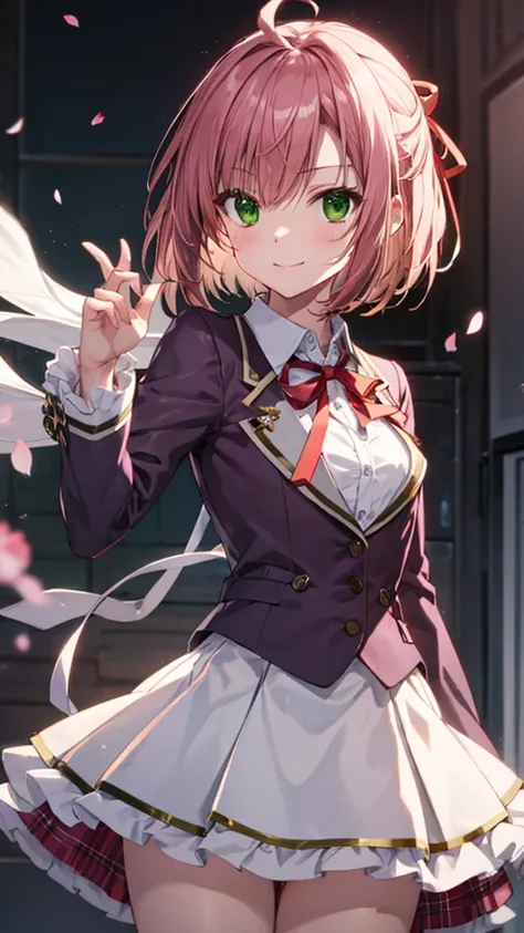 cherry blossom cream, short hair, ribbon, (Green Eyes:1.3), hair ribbon, Pink Hair, Ahoge,
skirt, Plaid, Plaid skirt, shirt, white shirt, collared shirt, Jacket, Long sleeve, (Upper Body:1.1),Dynamic Angle,White panties,Panty shot, Captivating smile,master...