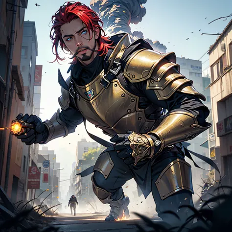 a short male with slicked-back red hair, goatee, beautiful detailed right blue eye, prosthetic left eye with black glass lens and red glowing dot, missing eye replaced, wearing Kaiju 8 black armor with gray and gold accents, modern armor, anime armor, hold...