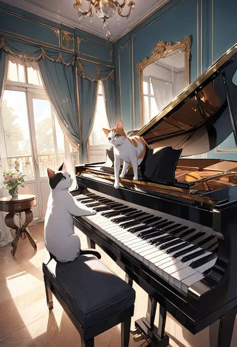 A cat is playing the grand piano.