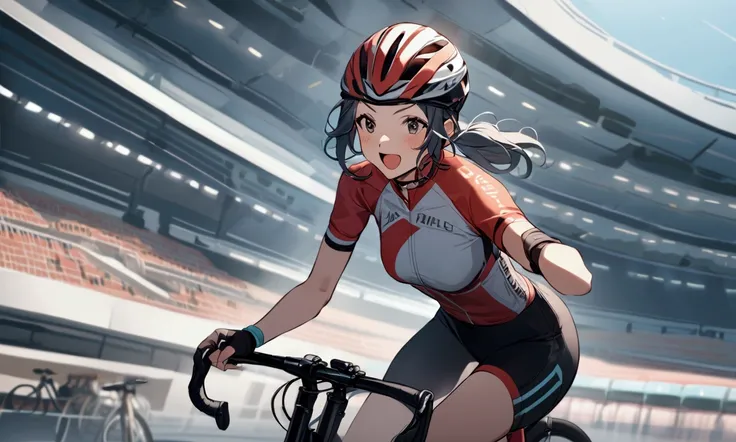 Female cyclist　Celebrating after scoring a goal　cute　Wearing a helmet　Medium chest　Cycling venue　Two　