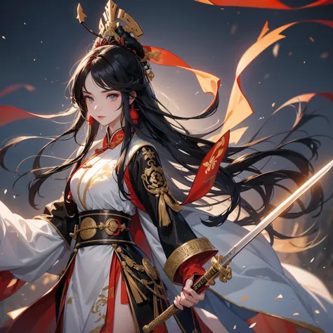 A beautiful female general holding a spear with long black hair in ancient Chinese clothing and a handsome male general holding a big sword in ancient Chinese clothing on an ancient Chinese battlefield.