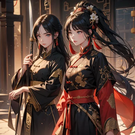 A beautiful female general holding a spear with long black hair in ancient Chinese clothing and a handsome male general holding a big sword in ancient Chinese clothing on an ancient Chinese battlefield.