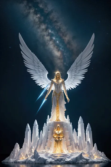 ((Fantastic)) ((sky landscape)) ((lights)) stele, heavenly, angels full of light, distant image, wings shining, emanating light, off white, golden, Streets of Gold, river of crystals, gem stones, distant humanoid figure, silhouette of a man of light, farth...