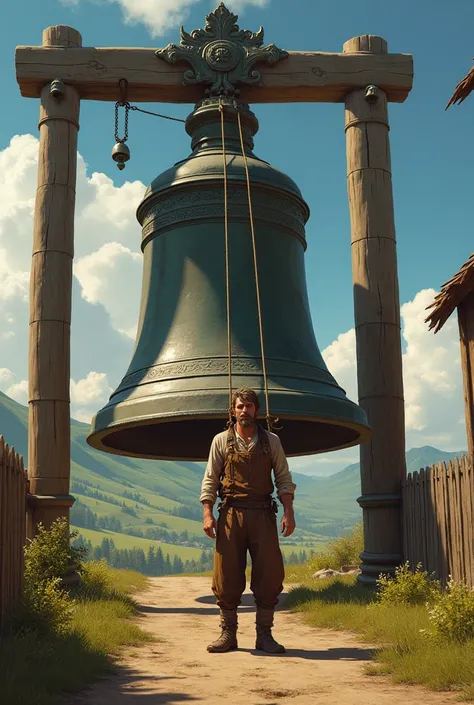 Country man ringing a large bell 