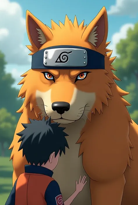 The most beautiful and serious-looking fighting Naruto dog. Make it look more like Naruto with the Hidden Leaf headband and have the real Naruto petting its head.