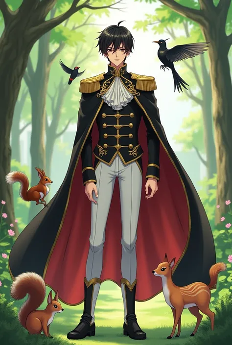 Make an anime male character who had black hair with brown stripes on his bangs, black eyes, black royal prince suit with gold stripes and buttons, white pants, black and white boots and red cape. The scenery background he is at the park playing with the b...