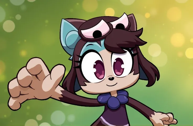 a furry character in the style of Klonoa, detailed face with big beautiful eyes, cute furry cat-like features, playful expression, colorful and vibrant cartoon-like environment, whimsical and magical atmosphere, intricate and imaginative background details...