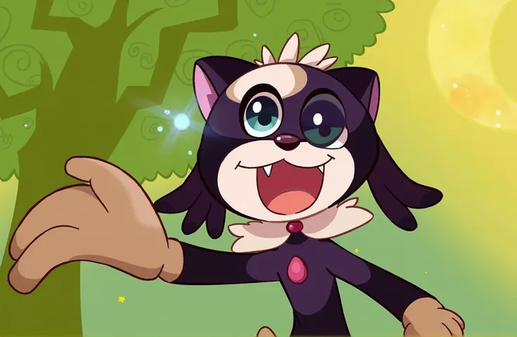 a furry character in the style of Klonoa, detailed face with big beautiful eyes, cute furry cat-like features, playful expression, colorful and vibrant cartoon-like environment, whimsical and magical atmosphere, intricate and imaginative background details...