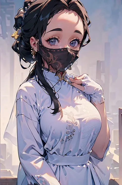 ((((High resolution, Intricate details, masterpiece, 8k)))), (((beautiful, Veil, China dress))), ((One Woman, face close up, Smiling)), (Black Hair, Forehead, Long Hair, ponytail, slender), from front, looking at viewer, look at viewer, town, night, moon,