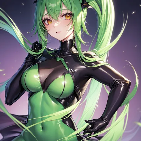 green-haired girl, shy expression, bodysuit, vampire clothing, violet clothing with vermilion details, high definition, beautiful face details, full-length shot, transparent png background.