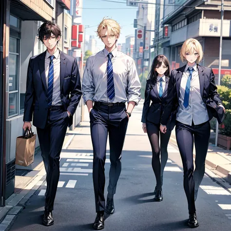 Create a story about a group of Japanese male and female students, wearing blue school uniforms, walking to class, being cool, gangsters, blond hair, prominent men, the Yakuza.