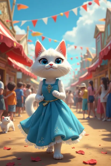 The town fair is in full swing, with vibrant stalls, lively music, and cheerful laughter filling the air. Bella a elegrnt cat in blue gown with sky blue eyes and white fur strolls through the fair, gracefully nodding at familiar faces. But her attention is...