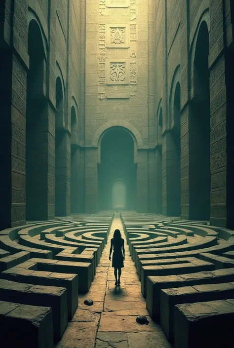 3. The Labyrinth of Consciousness:

Description: A complex and fascinating labyrinth, whose walls are covered with symbols and hieroglyphics representing different belief systems and knowledge. In the center of the labyrinth, a human figure representing in...