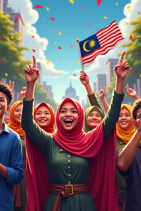 Image of Malaysian people wearing headscarves celebrating Independence Day and holding the Malaysian flag