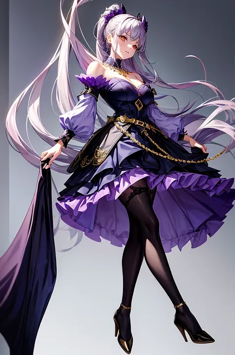 [Red eyes] [Gray Hair] Her dress is made up of a piece of white fabric around the top, midnight blue for the majority of her dresss fabric with black and gold embroidery, open slits around the shit, lavender sleeves with gold accents around the ends, a col...