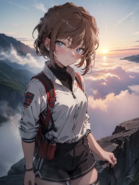 (mysterious fog:1.5), morning glow, summit, mountaineering, mountain climbing, cute, beauty, shortcuts, haibara ai, brown hair, ...