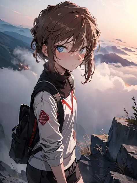 (mysterious fog:1.5), morning glow, summit, mountaineering, mountain climbing, cute, beauty, shortcuts, haibara ai, brown hair, ...