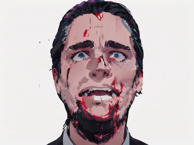 t-shirt designer, stylized modern vector art, (white background), design, man with blood on his face and tie, patrick bateman), ...