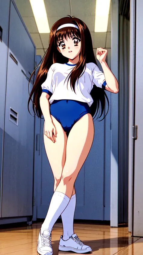 Yuuki Mizuho, One person, alone, Long Hair, hair band, Brown Hair, (gym uniform,(blue brown:1.2), (white shirt, short sleeves:1.2), thighs:1.3),(navel:1.3),(cameltoe:1.1),large breasts, Its not a leotard., Open your mouth, blush, Lips parted, liar, locker ...