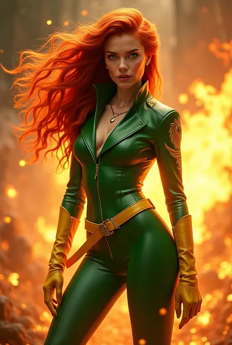 1girl, green eyes, redhead, green suit, yellow gloves, belt and boots, phoenix symbol, burning aura