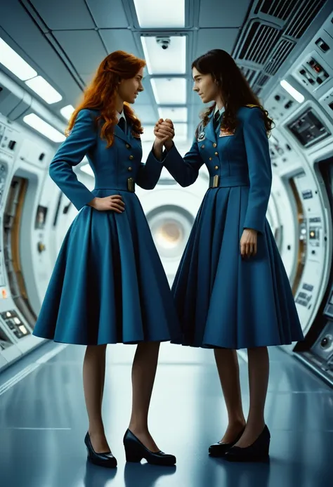 85mm photograph of sapphic space lesbians, attractive and beautiful women, fixing spaceships, lifting skirts, exploring space, i...