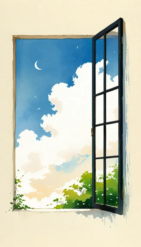 中国水墨画sketch：Light Ink，Lowercase，sketch，artistic conception，window，cloud，Minimalism，(((Negative Space,Bottom left composition)))