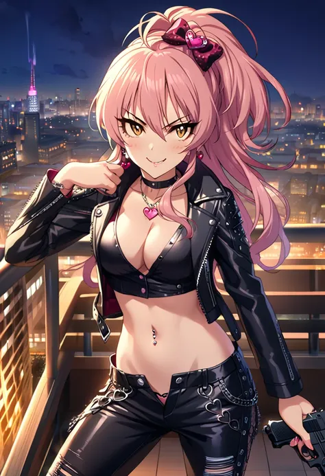 mika jougasaki, 1girl, pink hair, solo, yellow eyes, seductive smile, blush, lipstick, long hair, Hot girl, baddie, staring, glaring, bad attitude, mean girl, crazy, smoking, outdoors, rooftop, cityscape, building, railing, night, night sky, scenery, city ...