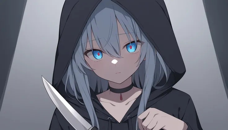 Eyes shining faintly, possessive, dependent, yandere, choker, blue eyes, black hoodie, alone in the dark, clutching a knife.